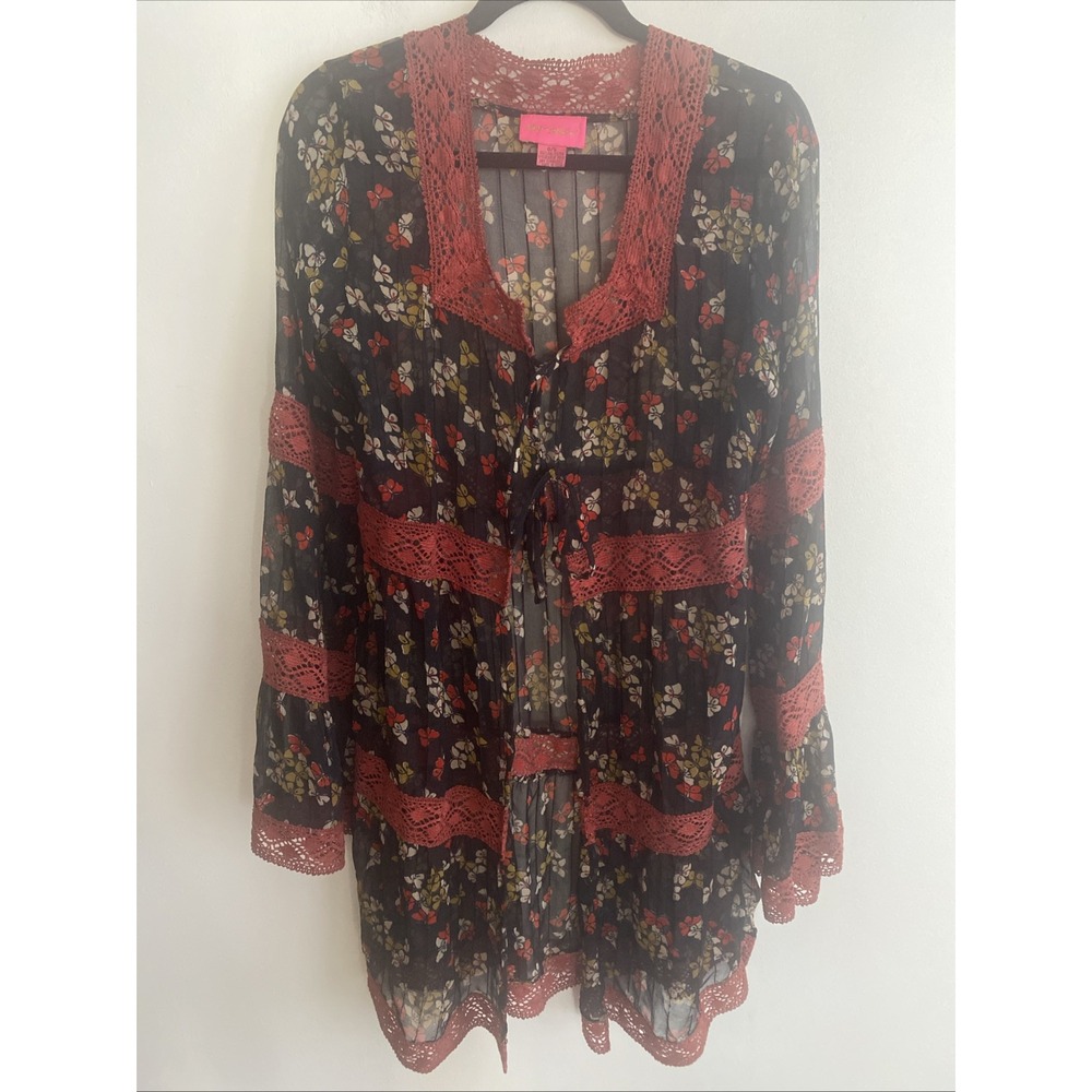 Betsy Johnson Tie Closure Top Duster Black Floral Lace Trim Polyester Sz O/S EUC